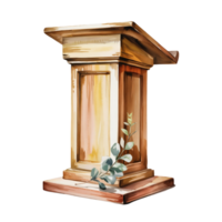 A wooden podium stands prominently with a leafy branch resting against its base, showcasing a blend of natural elements cutouts png