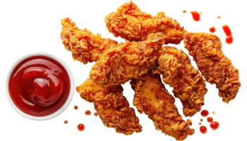Crispy fried chicken tenders served with a small bowl of red dipping sauce, perfect for snacking or as a meal accompaniment. png