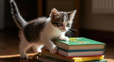 A playful kitten curiously investigates a pile of colorful books in a warm, sunlit room. photo
