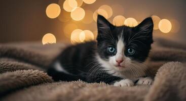 A charming black and white kitten with stunning blue eyes is relaxing on a soft blanket. photo