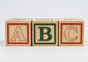 Three wooden blocks spelling the alphabet letters A, B, and C in a row. photo