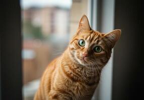 A charming ginger cat with bright green eyes, looking with curiosity by a window. photo