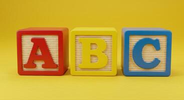 Three colorful alphabet blocks displaying the letters A, B, and C. photo