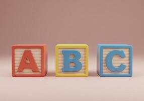 Three colorful alphabet blocks spelling out the letters a, b, and c on a neutral background. photo