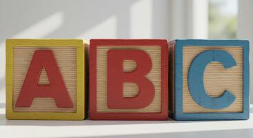 Three colorful wooden blocks with the letters A, B, and C, perfect for learning. photo