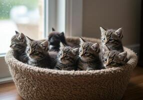A charming collection of cute kittens gathered inside a woven pet bed near a bright window. photo