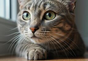 An eye-level, close up portrait of a domestic cat with captivating green eyes looking aside. photo
