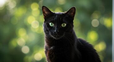 A beautiful black cat with mesmerizing green eyes gazes directly at the camera, . photo