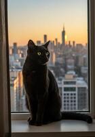A black cat sits by a window, enjoying the view of a cityscape at sunset photo