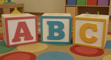 Three wooden blocks displaying the letters A, B, and C, promoting early literacy. photo
