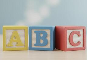 Vibrant wooden blocks displaying the letters A, B, and C in a row against a soft background. photo