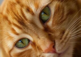 The mesmerizing gaze of a ginger cat with captivating green eyes, a close up view. photo