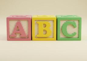 Close up shot of alphabet blocks spelling out the letters a, b, and c in vibrant colors. photo