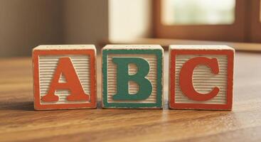 Three alphabet blocks showing a, b, and c resting on a wooden surface. photo