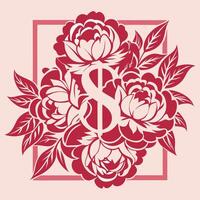 Delicate Cutout Flower Border with Split Monogram and Peony Flourishes vector