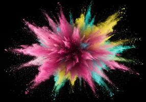 A mesmerizing display of a colorful powder explosion against a dramatic black backdrop. photo