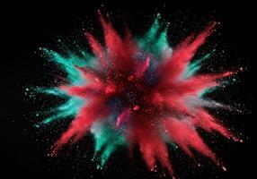 A stunning display of red and teal powder creates a dynamic explosion against a dark backdrop. photo