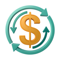 3D icon, A simple icon of a dollar sign surrounded by circular arrows, symbolizing currency exchange, business transactions, and financial movement png