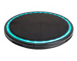 Futuristic Neon-Glowing Platform - A round, matte black platform with embedded neon blue LED lighting along the edges, isolated on a transparent background png