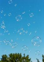 A playful scene filled with floating bubbles against a clear, vibrant blue sky. photo
