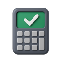 A gray calculator with a green screen and a white check mark on the screen, isolated on transparent background png