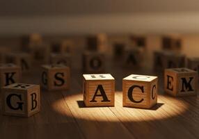 Two wooden blocks displaying the letters A and C illuminated by a single, focused spotlight. photo