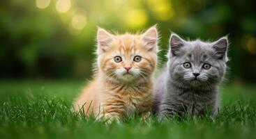 Two charming kittens of different colors, resting in a patch of green grass, enjoying the sun. photo