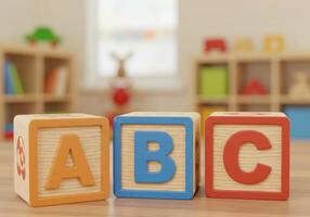 Alphabet blocks spelling out abc, arranged on a wooden surface in a playroom setting. photo