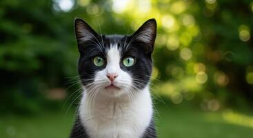 A captivating close up of a black and white cat with striking green eyes, looking directly at the camera. photo