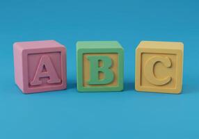 Three vibrant alphabet blocks spelling out the letters a, b, and c, on a solid blue backdrop. photo