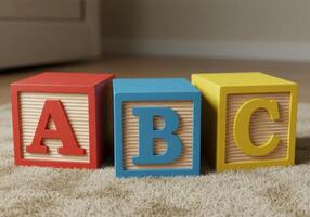 Vibrant wooden blocks with the letters a, b, and c displayed on a fluffy carpet. photo