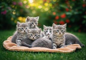 A delightful gathering of adorable kittens relaxing in a sunny outdoor setting. photo
