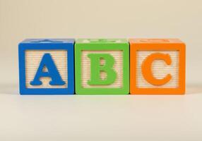 Three wooden blocks displaying the letters a, b, and c in primary colors, perfectly aligned. photo