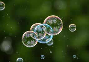 Close up of a group of shimmering soap bubbles against a soft green blurred background. photo