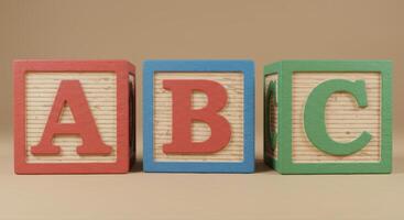 Colorful wooden alphabet blocks displaying the letters a, b, and c in a row. photo