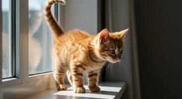 A charming ginger kitten stands near a window, illuminated by natural light. photo