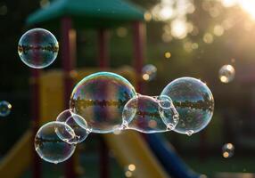 Large, iridescent bubbles float in the warm sunlight of a park setting. photo