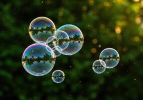 A captivating scene of multiple soap bubbles shimmering with a spectrum of colors against a green backdrop. photo