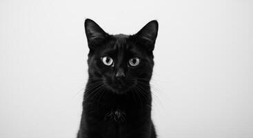 A beautiful black cat with piercing eyes stares directly at the camera, front view. photo