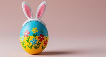 Easter egg with bunny ears, hand painted with a colorful floral design on a pink background. photo