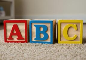Three colorful blocks with the letters A, B, and C sit together on a soft carpet. photo