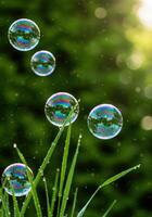 A captivating scene featuring iridescent bubbles floating over blades of fresh green grass. photo