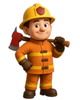 A 3D animated firefighter standing proudly with an axe on their shoulder, isolated on a transparent background png