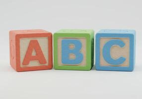 Three colorful alphabet blocks spelling out abc in a clear, educational display. photo
