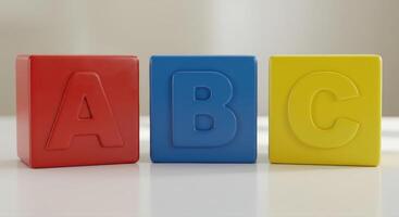 Brightly colored alphabet blocks displaying the letters a, b, and c arranged neatly. photo