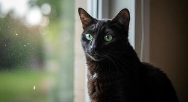 A stunning black cat with mesmerizing green eyes gazes out the window, captured in a perfect portrait. photo