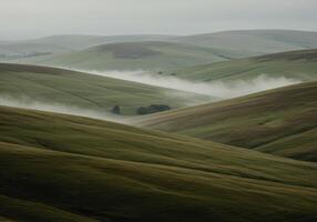 A serene landscape of rolling green hills with mist settling in the valleys. photo