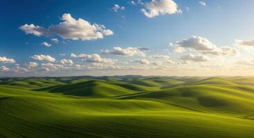A stunning view of rolling green hills under a bright blue sky with fluffy white clouds. photo