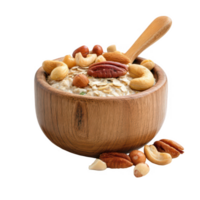 Bowl of cereal with nuts and spoon on transparent background png