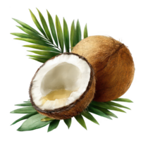 Coconut with leaves illustration on transparent background png